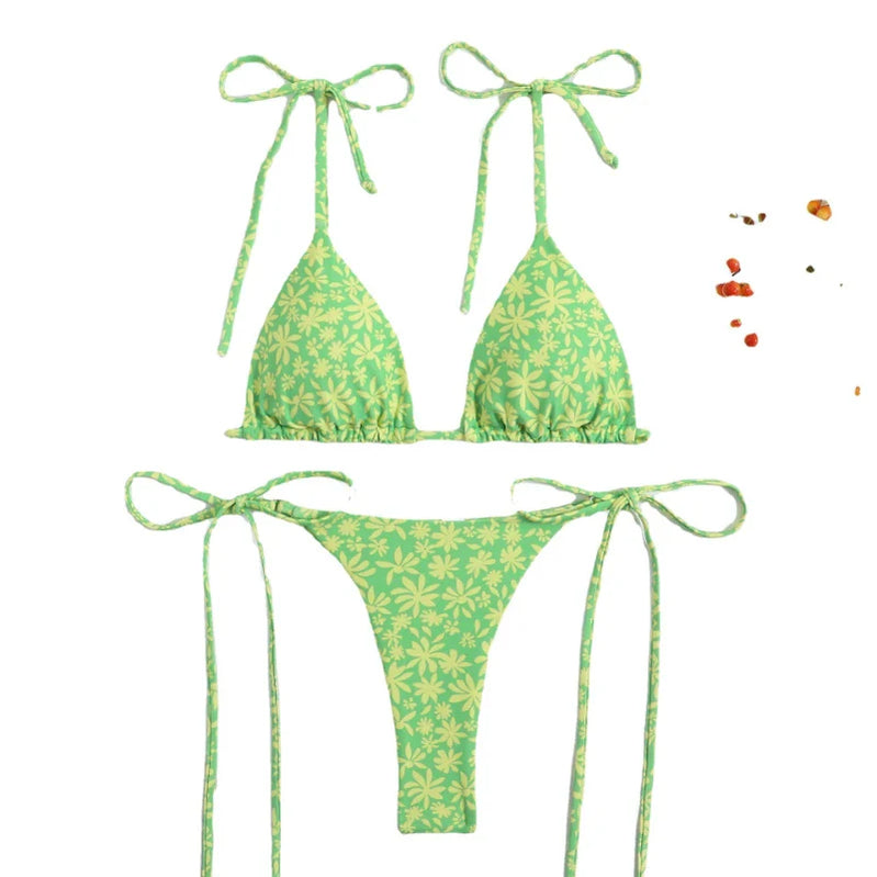 Sexy Flower Print Bikini 3 Women Swimsuit Female Swimwear Thong Bikinis Set Brazilian Halter Beach Wear Bathing Suit