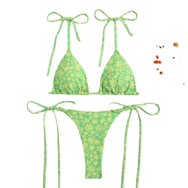 Sexy Flower Print Bikini 3 Women Swimsuit Female Swimwear Thong Bikinis Set Brazilian Halter Beach Wear Bathing Suit