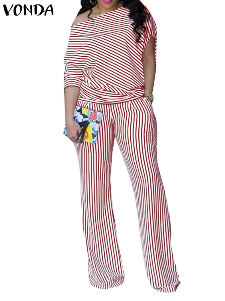 VONDA Plus Size Women Matching Sets 2025 Elegant Off Shoulder Pant Sets Printed Striped Trousers Suits Tops and Wide Leg Pants