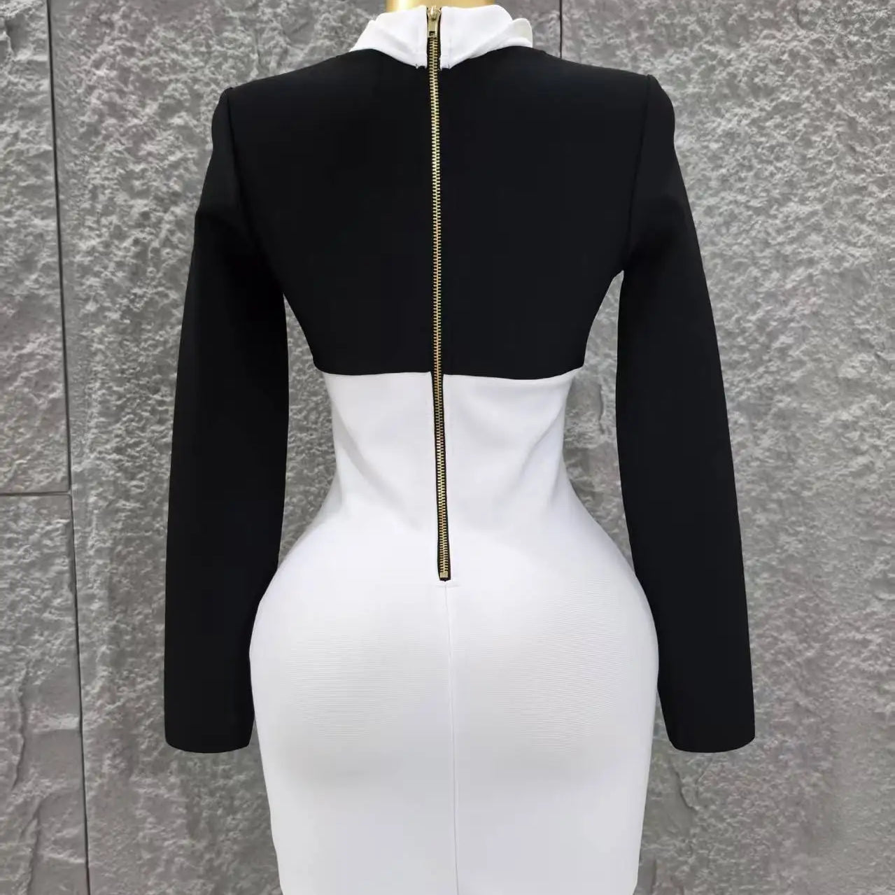 Women Long Sleeve Sexy Pacthwork Button Bodycon Mini Bandage Dress Elegant Evening Party Red Carpet Fashion Cocktail Outfit