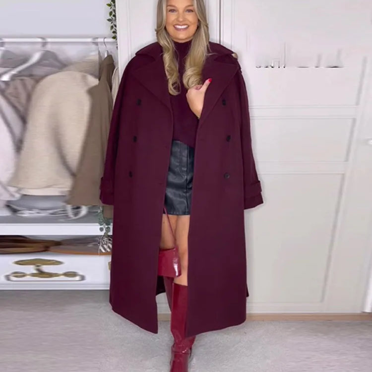 Women's Solid Turndown Collar Single-breasted Coat Casual Long Sleeves Burgundy Women Coat New Fall Winter Office Lady Outerwear Dark red