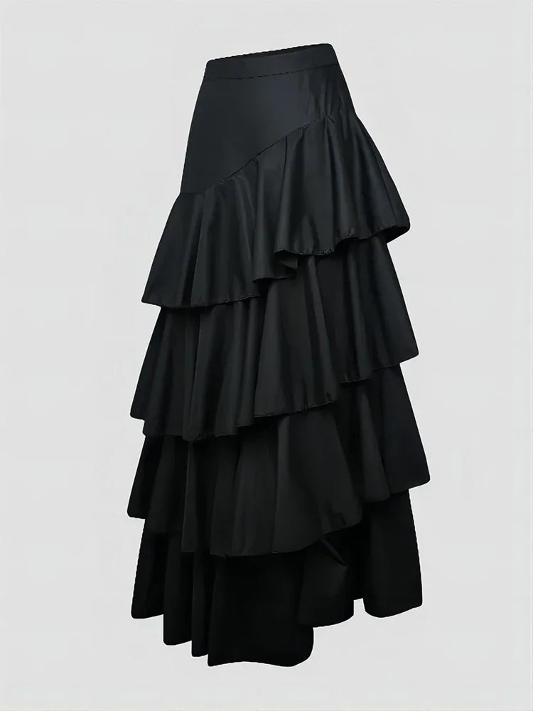 Women's High Waist Layered Ruffle Maxi Cake Skirt Elegant Party Wedding Guest Y2K Solid Vintage Black Solid A Line Skirts