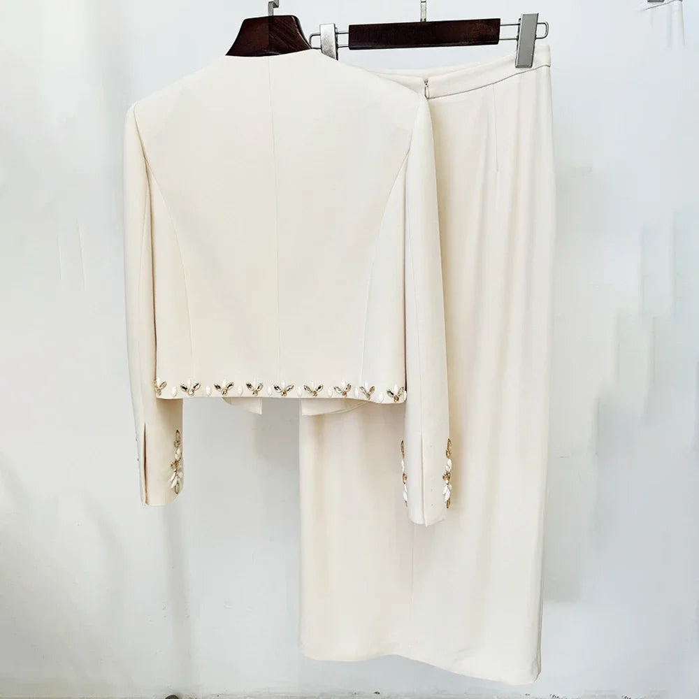 TWOTWINSTYLE Solid Slimming Two Piece Sets for Women Round Neck Long Sleeves Patchwork Bead Top High Waist Split Skirt Female