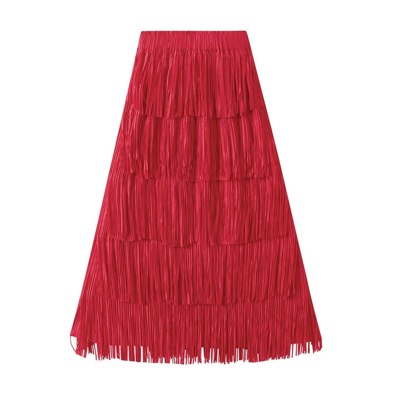 Pleated Tassel Long Skirts For Women High Waist Solid Color Stitching Elegant Party Clothing 2024 Summer Autumn Red One Size
