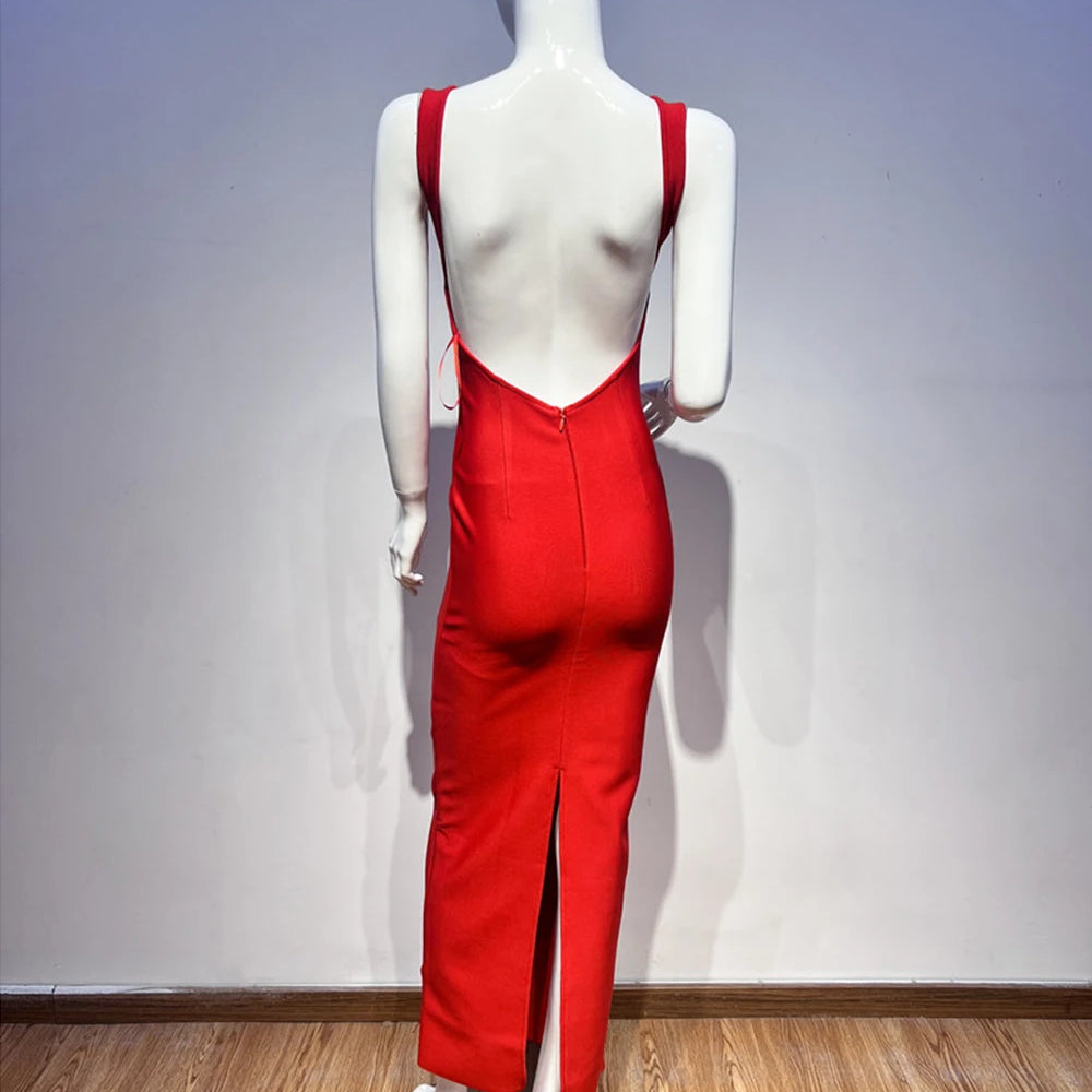 Ladies Sexy Backless Bodycon Celebrity Evening Party Club Black Sleeveless Maxi Bandage Dress Solid Women's Vestidos