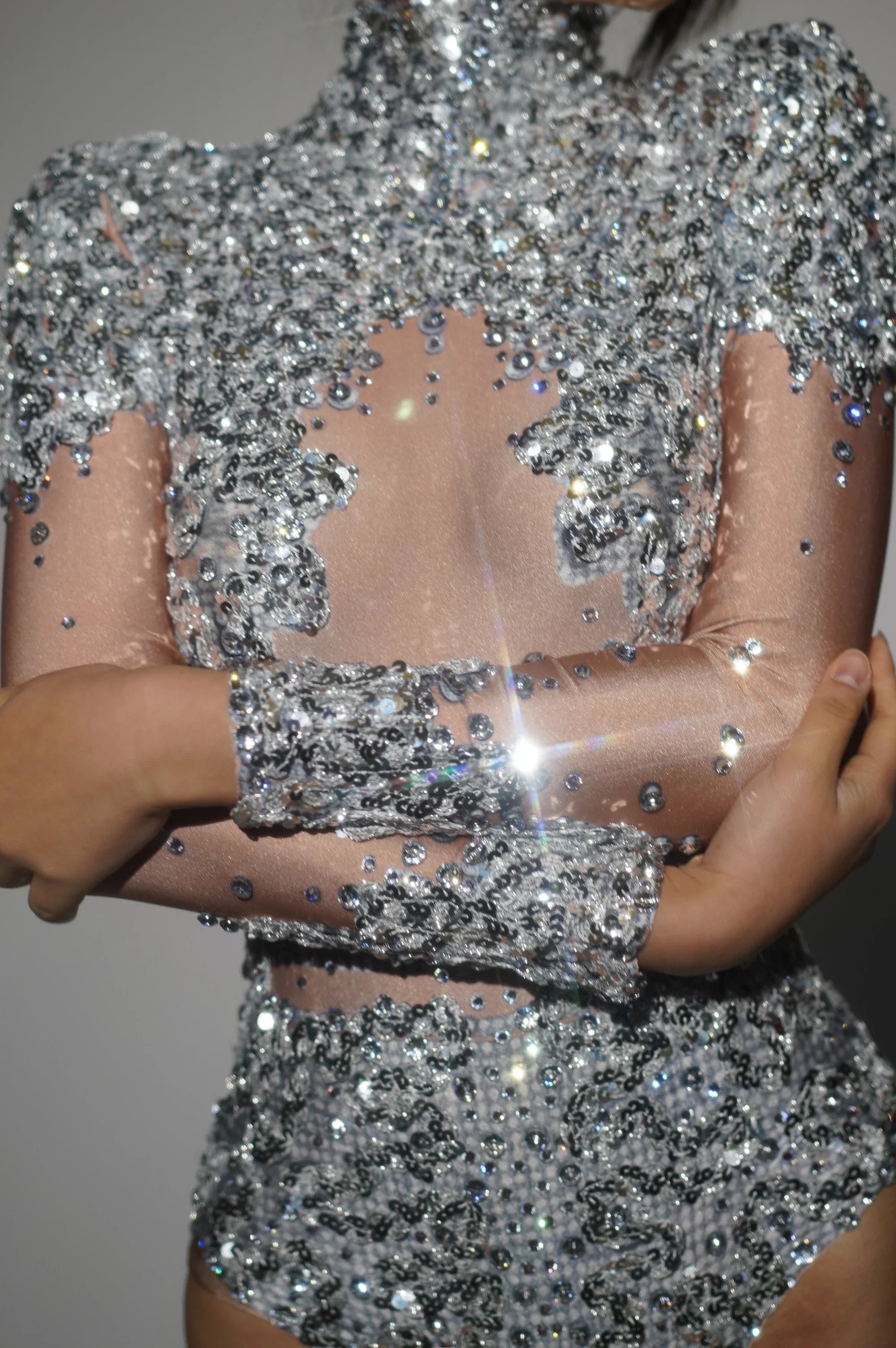 Silver Gold Color Women Long Sleeve Shinning Sequins Bodycon Bodysuit High Stretch Performance Costume Stage Wear