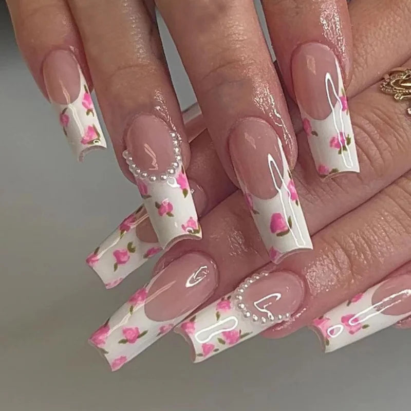 24Pcs Elegant Ballet Press-On Square Nails Pink French Tips with Delicate Floral &Pearl Accents Perfect for Spring Occasions