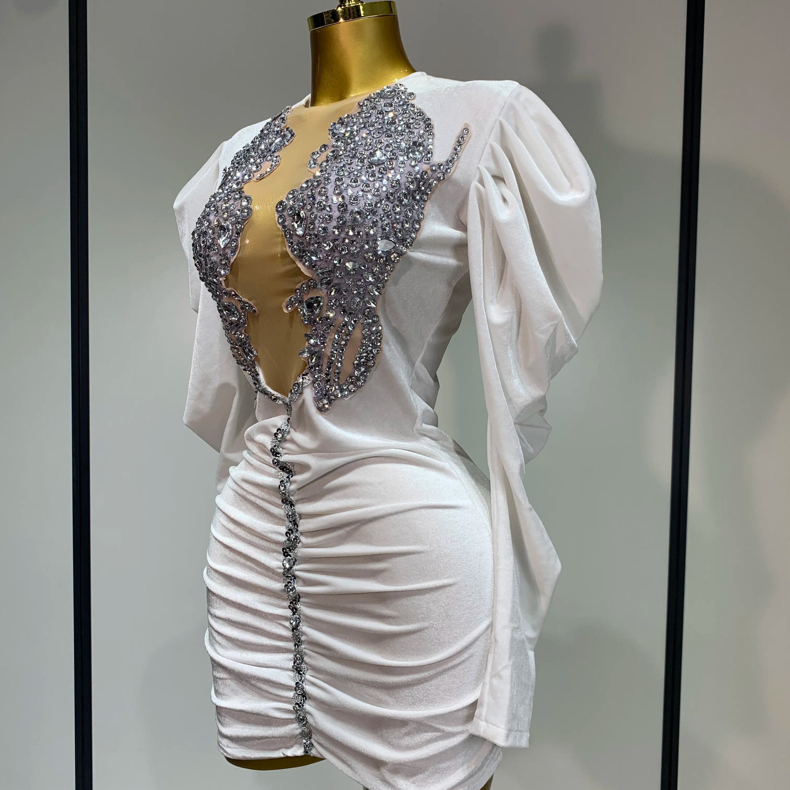 Sparkly Crystals Sexy Mesh Velvet Mini Dress 2025 Women White Elegant Evening Party Luxury Birthday Nightclub Stage Costume