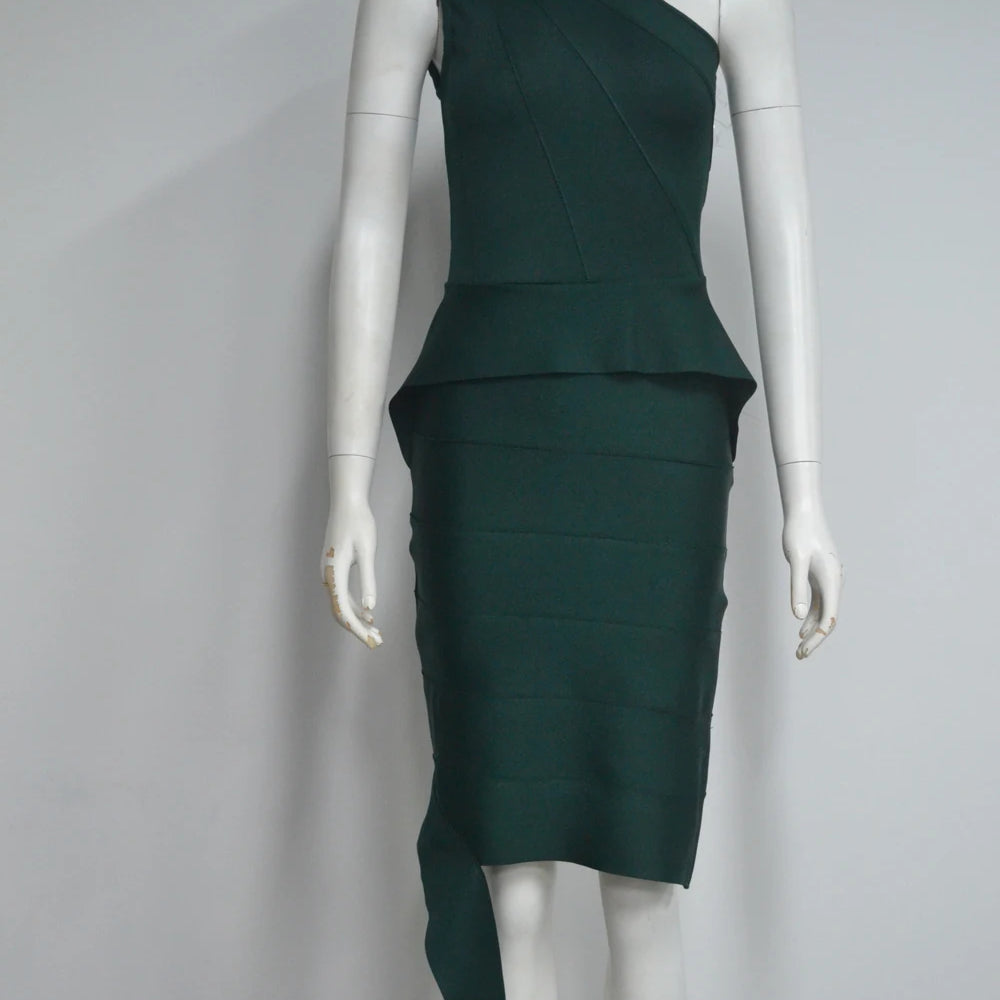 Darkgreen Color Women Sexy One Shoulder Ruffles Bodycon Mini Bandage Dress Office Lady Celebrate Evening Party Outfit Vestido