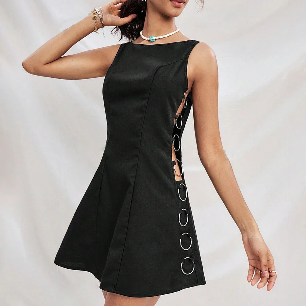 Hollow Out Spliced Circle Dresses For Women Round Neck Sleeveless High Waist Slimming Tunic Mini Dress Female New