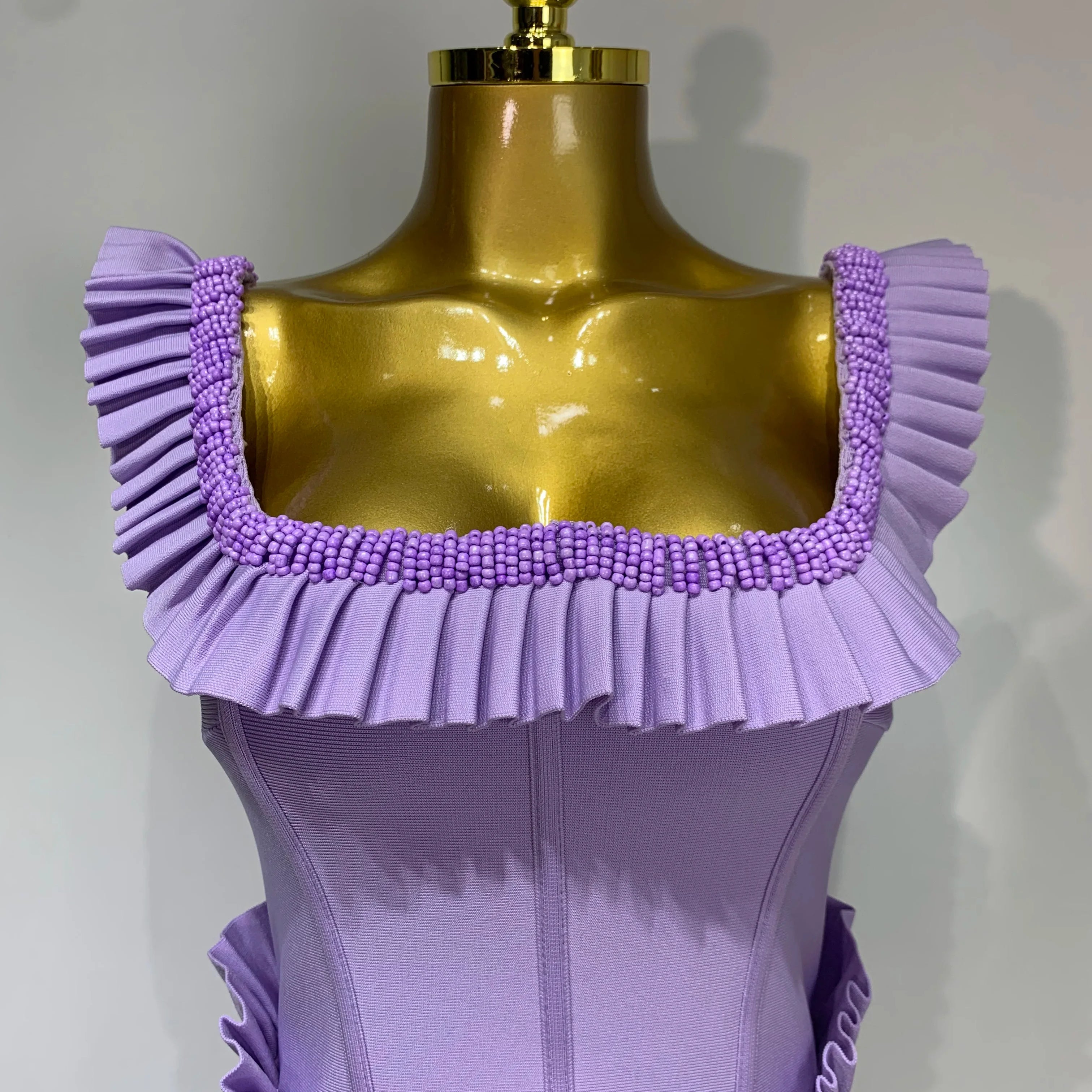 Women Sexy Square Collar Ruffles Beading Long Bodycon Bandage Dress  Celebrity Elegant Evening Club Party Birthday Dress