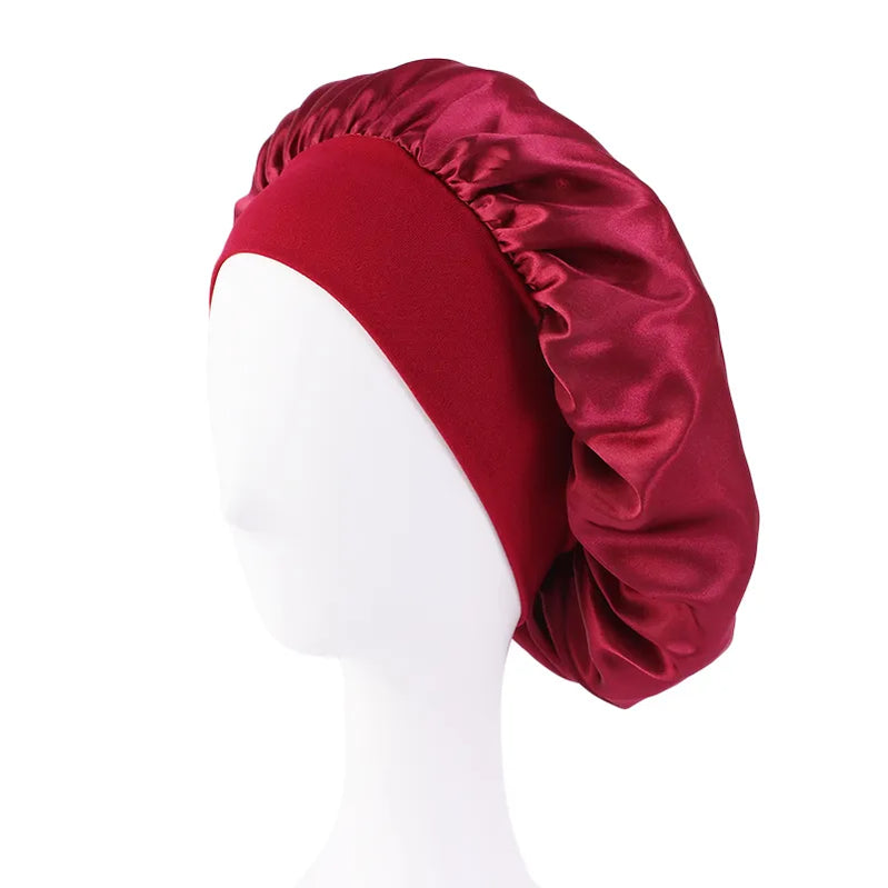 Women's Satin Solid Wide-brimmed Sleeping Hat Unisex Head Wrap Elastic Band Cap Hair Care Bonnet Night Hat bonnet de nuit Wine red