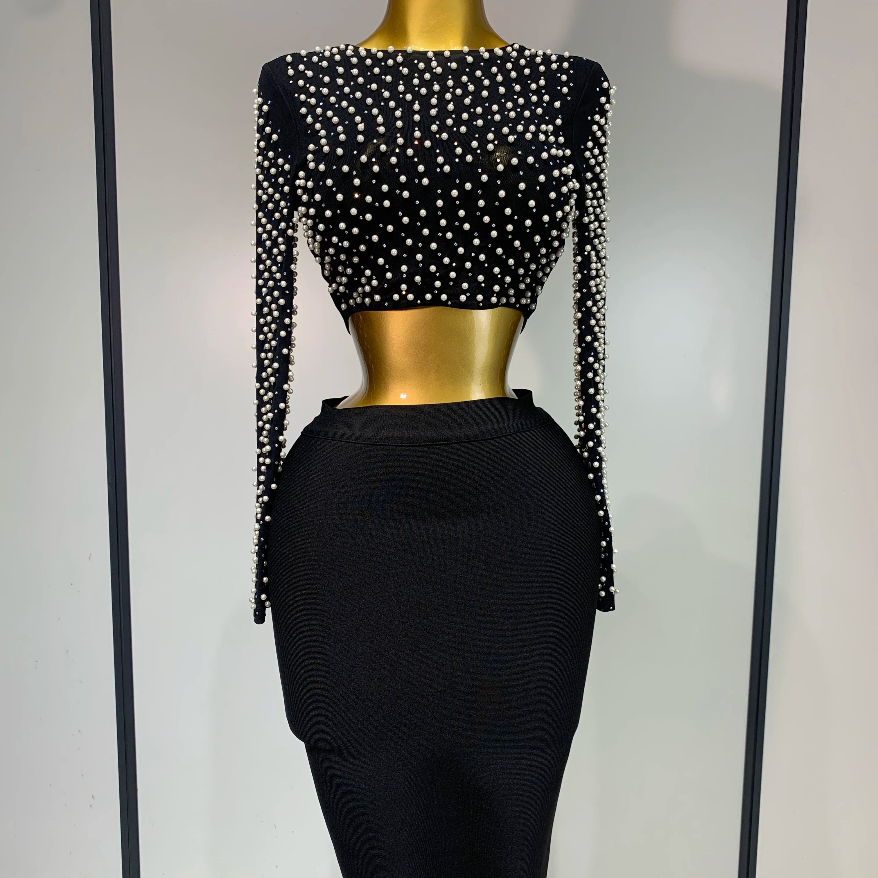 Women Sexy Long Sleeve Mesh Pearl Black Top Celebrity Midi Women Bandage Set 2025 Designer Evening Party Birthday Two Piece Set