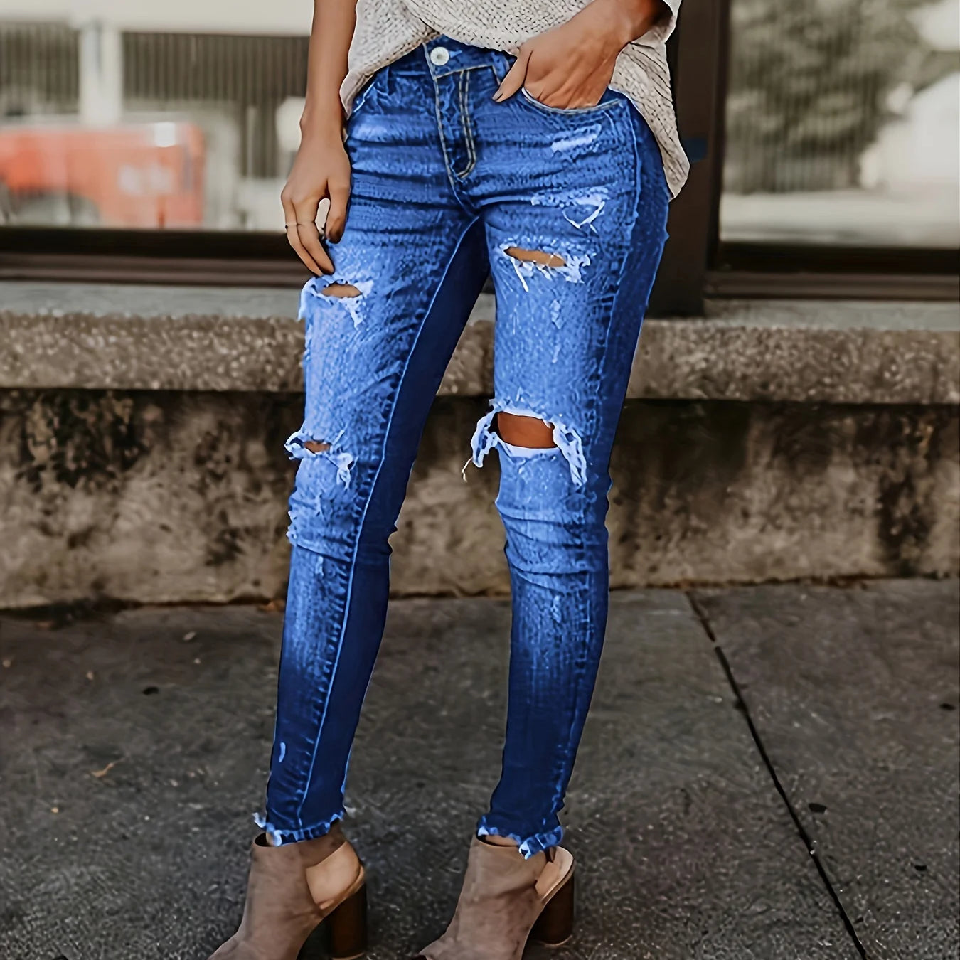 Blue Ripped Skinny Jeans, Distressed Slim Fit Slash Pockets Raw Hem Denim Pants, Women's Denim Jeans & Clothing