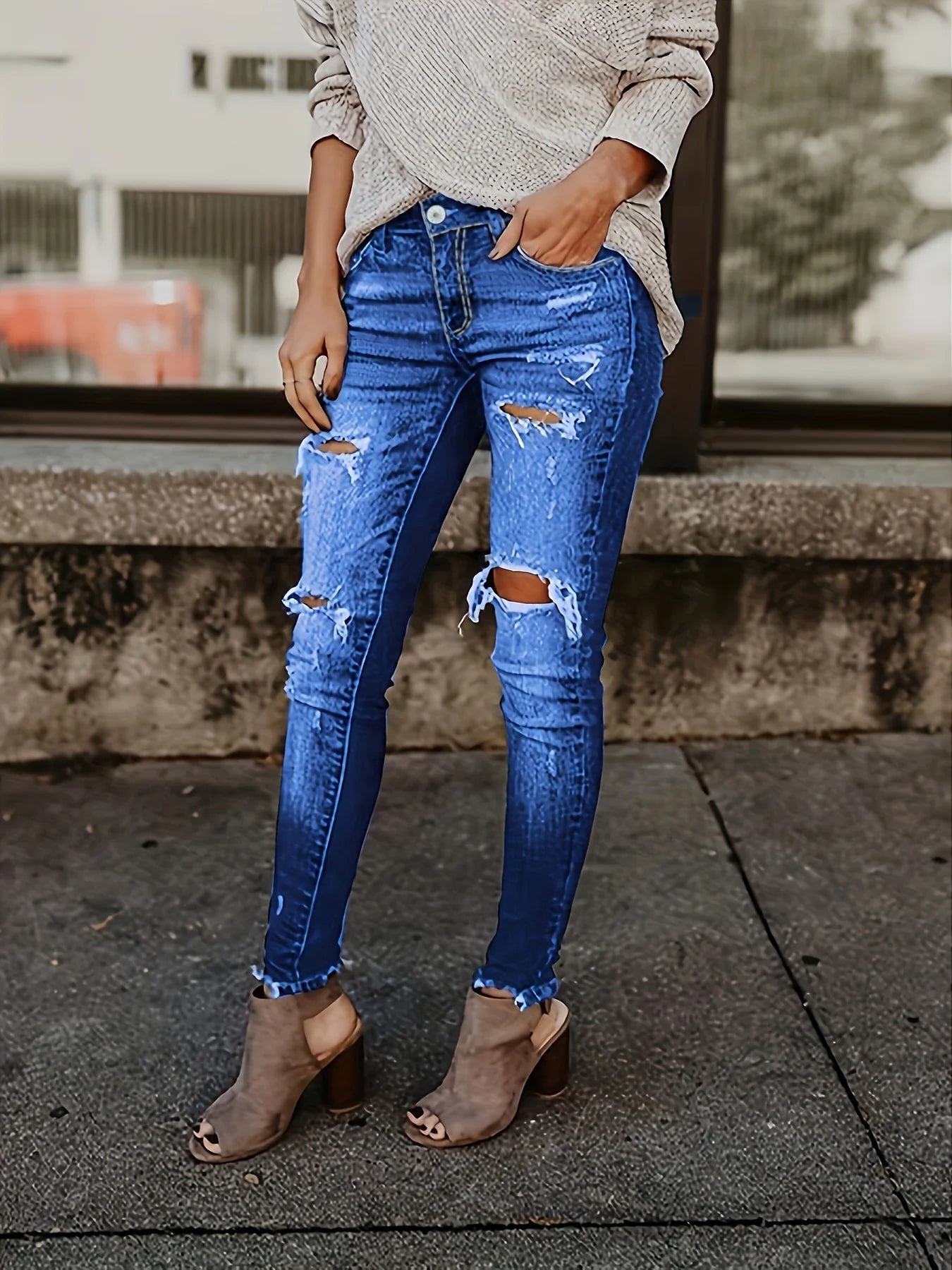 Blue Ripped Skinny Jeans, Distressed Slim Fit Slash Pockets Raw Hem Denim Pants, Women's Denim Jeans & Clothing