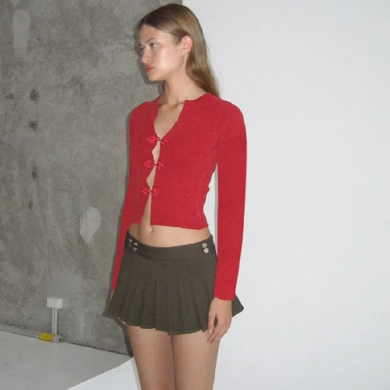 WhereMery Sexy V-neck Hollow Top Chinese Knot Long Sleeve Knitted Summer Slim Fit Waist T-shirt Top Party Nightclub Women