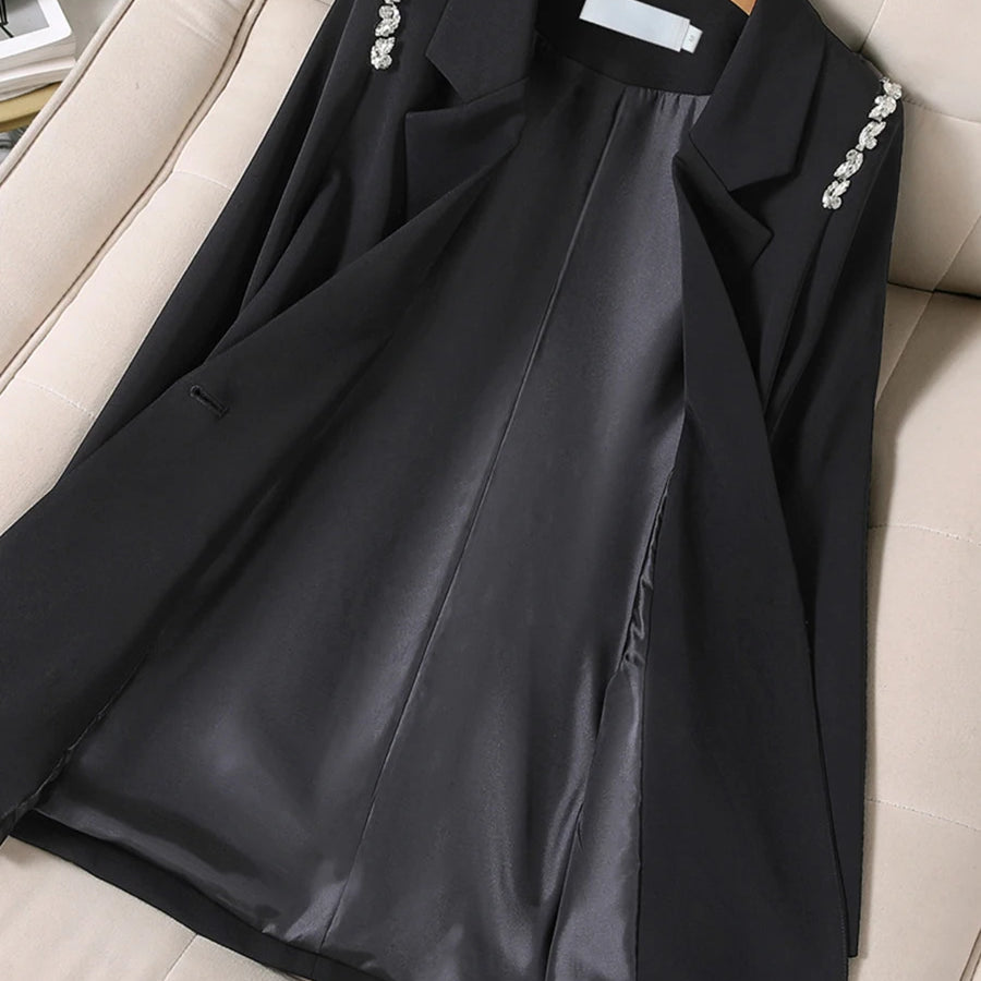 TWOTWINSTYLE Solid Loose Spliced Button Casual Jackets for Women Lapel Long Sleeves Patchwork Bead Jacket Female Fashion Clothes