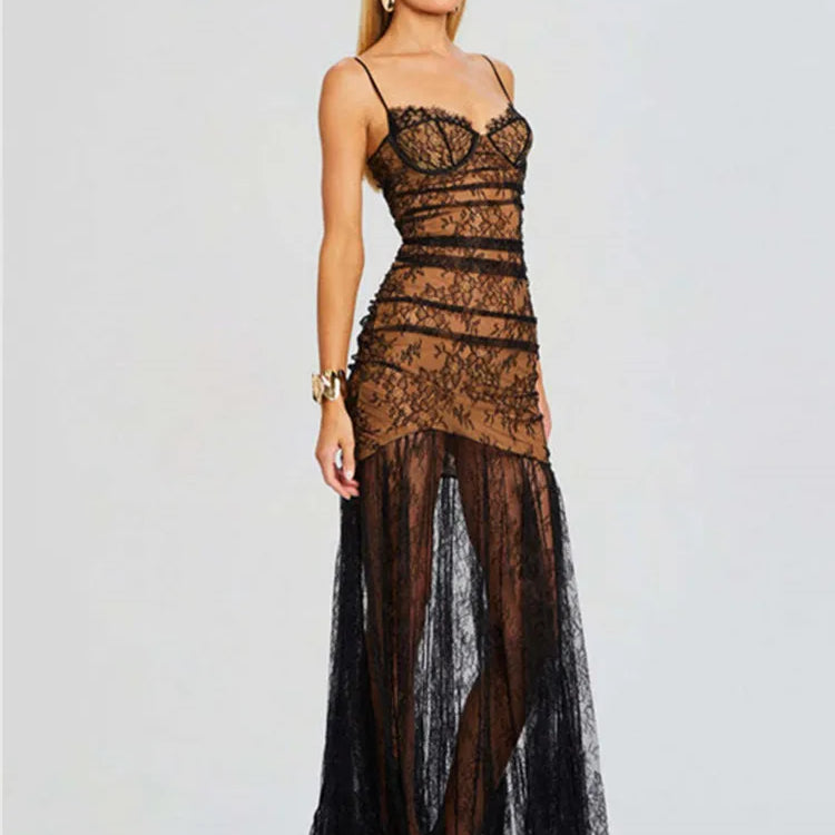 Women Celebrity Sexy Sleeveless Black Mesh Ruched Black Lace Maxi Long Gowns Dress 2024 Elegant Evening Party Club Vestido