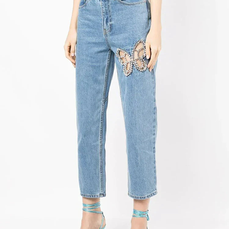 DEAT Women Notched Collar Diamond Tassel Short Denim Coat High Waist Butterfly Hollow Out Jeans Summer New Fashion 29L2717