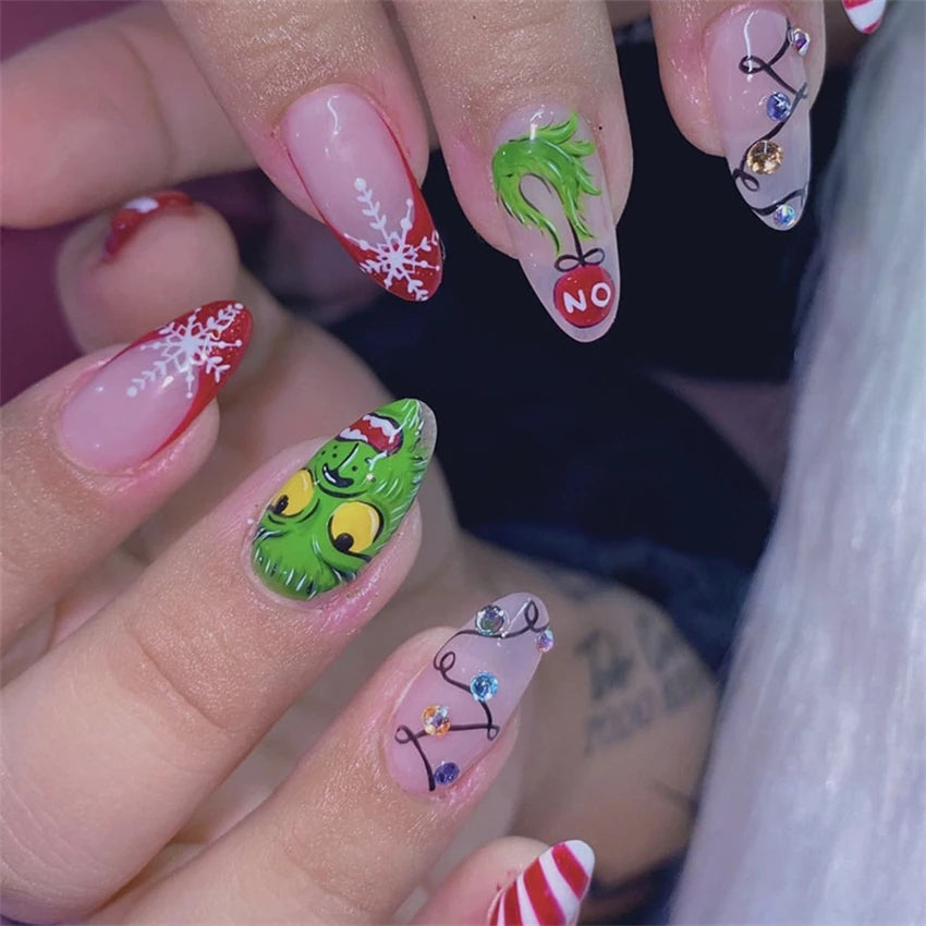 24Pcs/Set Christmas Collection Wearing False Nails Art Elk Santa Claus Snowman Press on Nail Tips Kawaii Acrylic Stick on Nails PDJ1038-Z099F