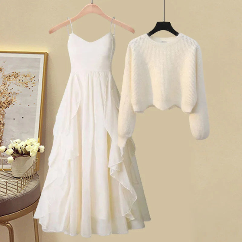 Women Spring Two Pieces Sets Korean Long Sleeve Knitted Sweater Cardigan And Ruffles Patchwork Mesh Long Dress Suit picture 8