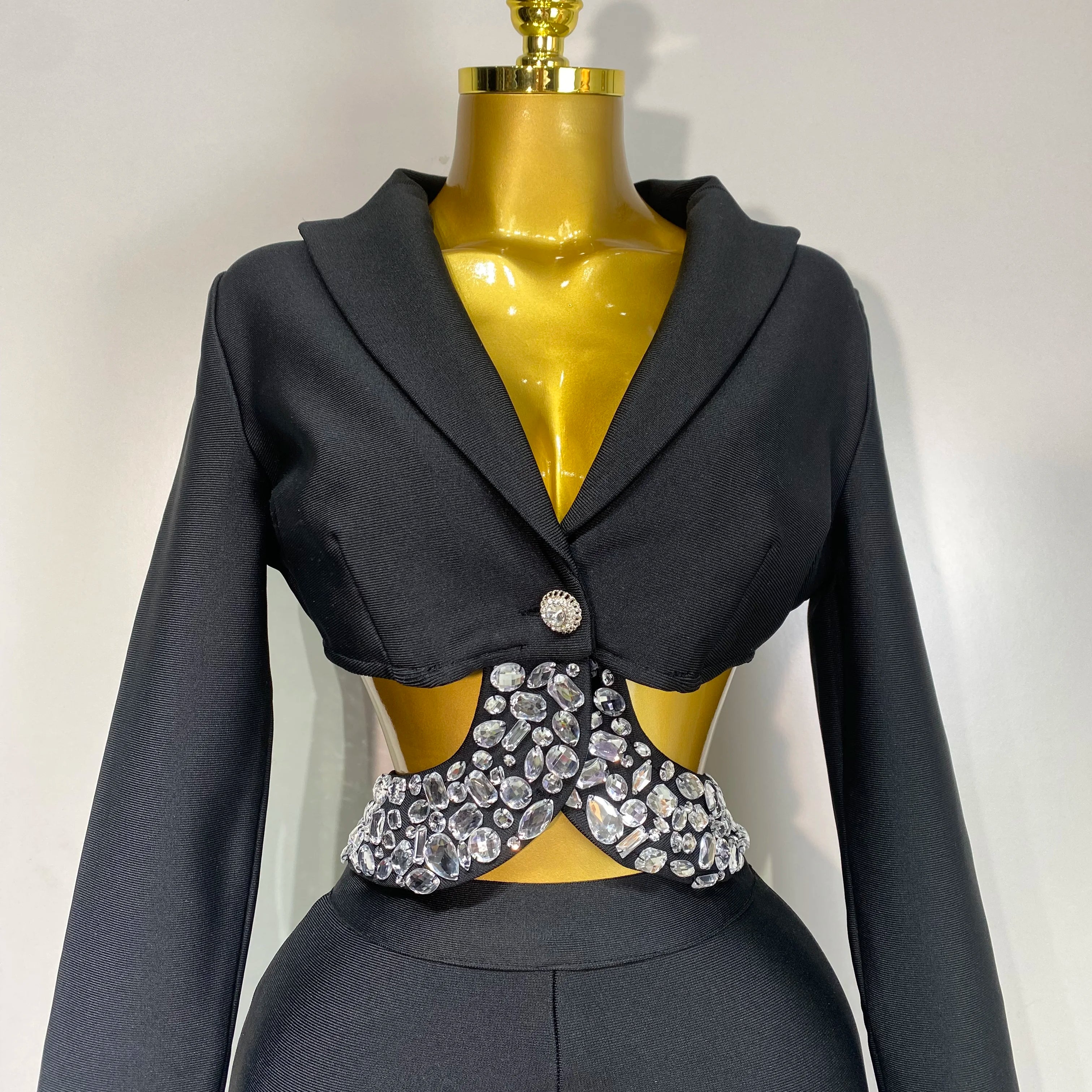 Conjunto feminino sexy com recortes, manga longa, com contas, bodycon, duas peças, calça, bandagem, designer de celebridades, moda feminina, conjunto de aniversário de luxo