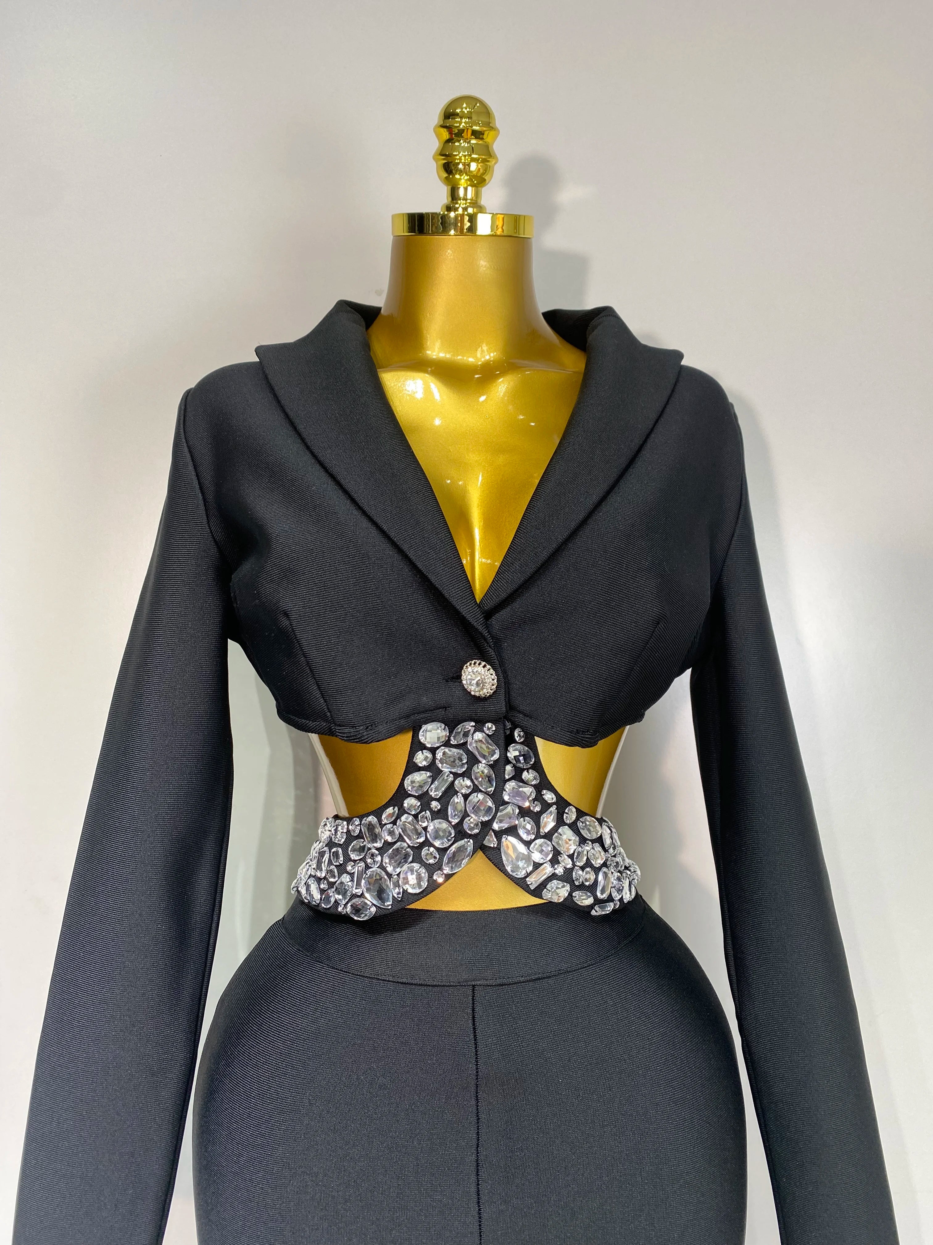 Conjunto feminino sexy com recortes, manga longa, com contas, bodycon, duas peças, calça, bandagem, designer de celebridades, moda feminina, conjunto de aniversário de luxo