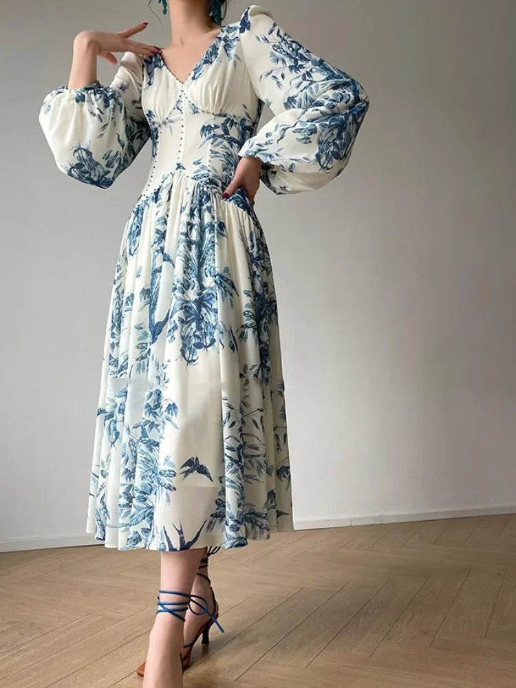 French Summer Midi Fashion Floral Beading High Waist A Line Party Dresses Women Vintage Elegant Lantern Sleeve Chic Casual Dress