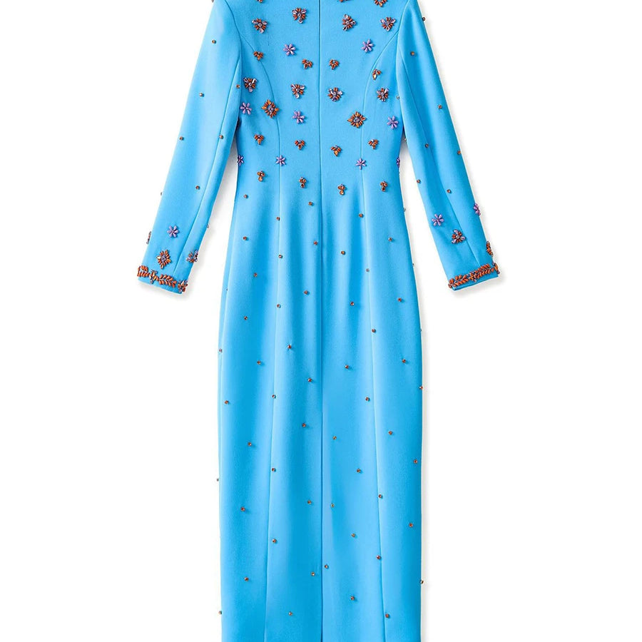 TWOTWINSTYLE Solid Slimming Spliced Bead Luxurious Dresses for Women Square Neck Long Sleeves Temperament Dress Female Clothing