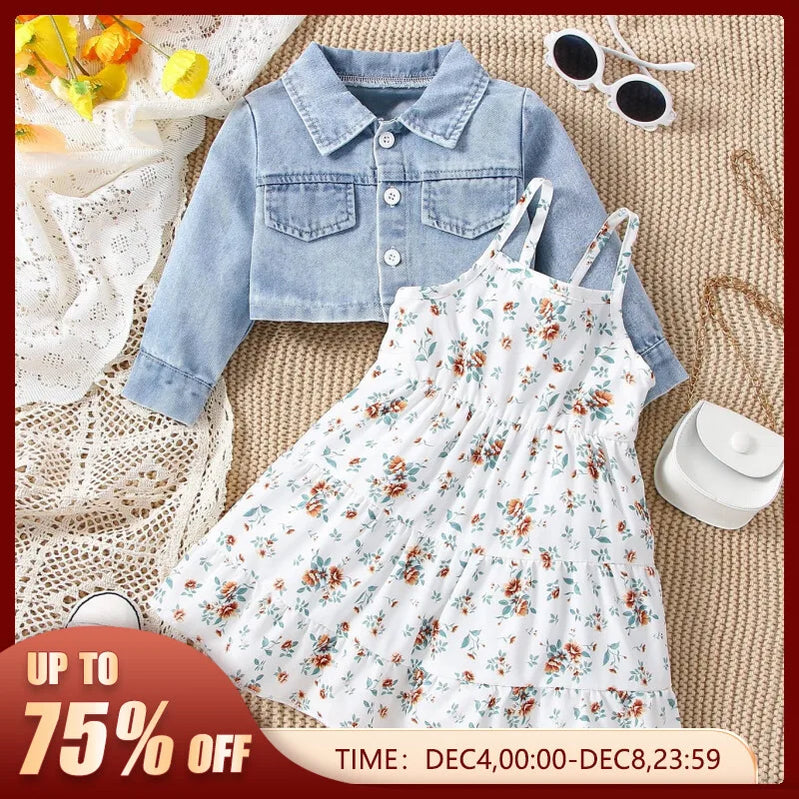 Baby Spring and Autumn Denim Coat Floral + Slip Skirt Two-piece Casual Female Newborn Street Fashion Suit Outdoor Vacation Wear