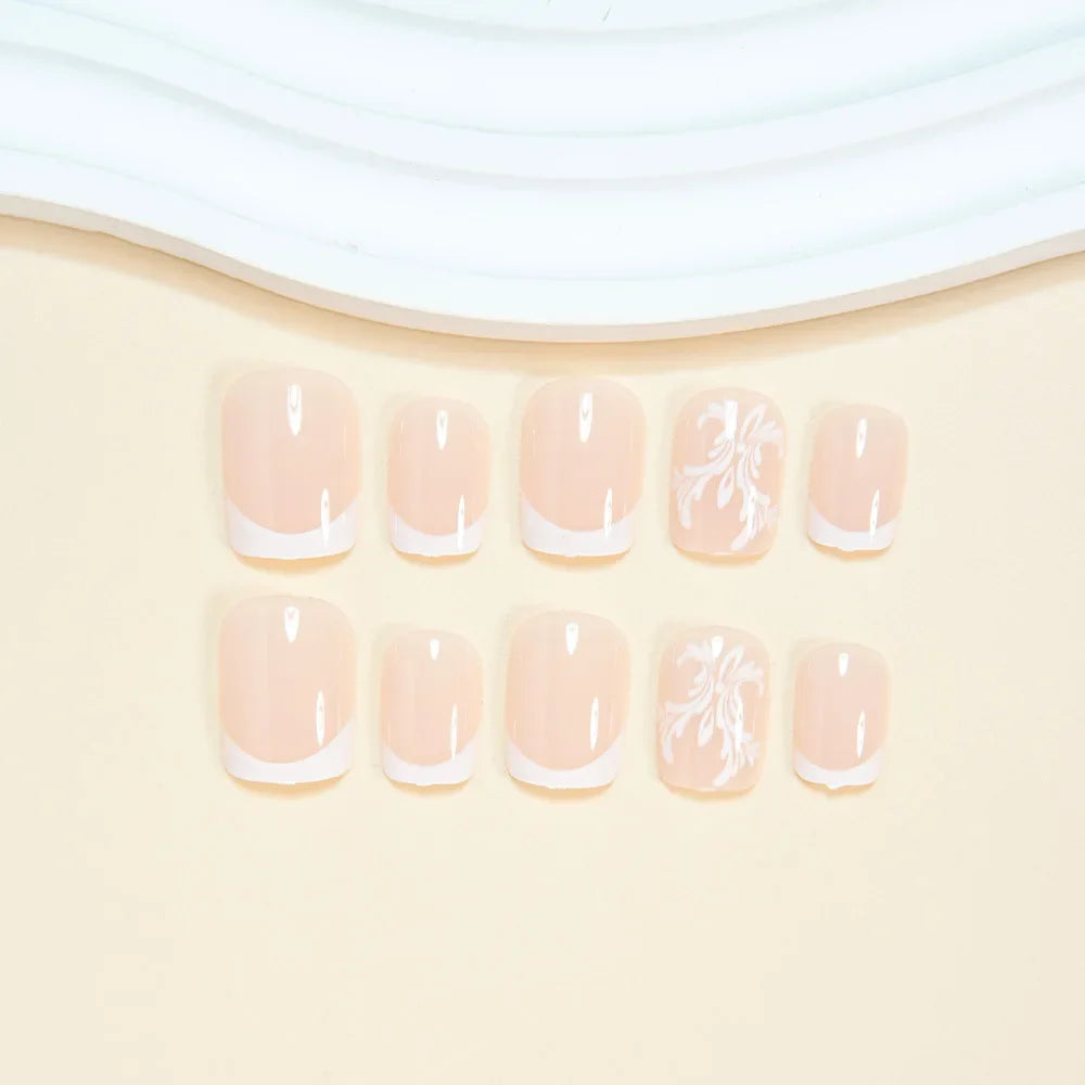 24Pcs Minimalist White French False Nails Nude Color Short Square Press On Nails Fairy Flower Printed Full Cover Fake Nails Art