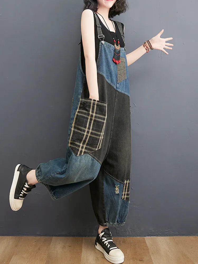 Korean Fall Jeans Women Plaid Ripped Denim Overalls Ladies Vintage Punk Loose Pants Luxury Classic Casual Trousers