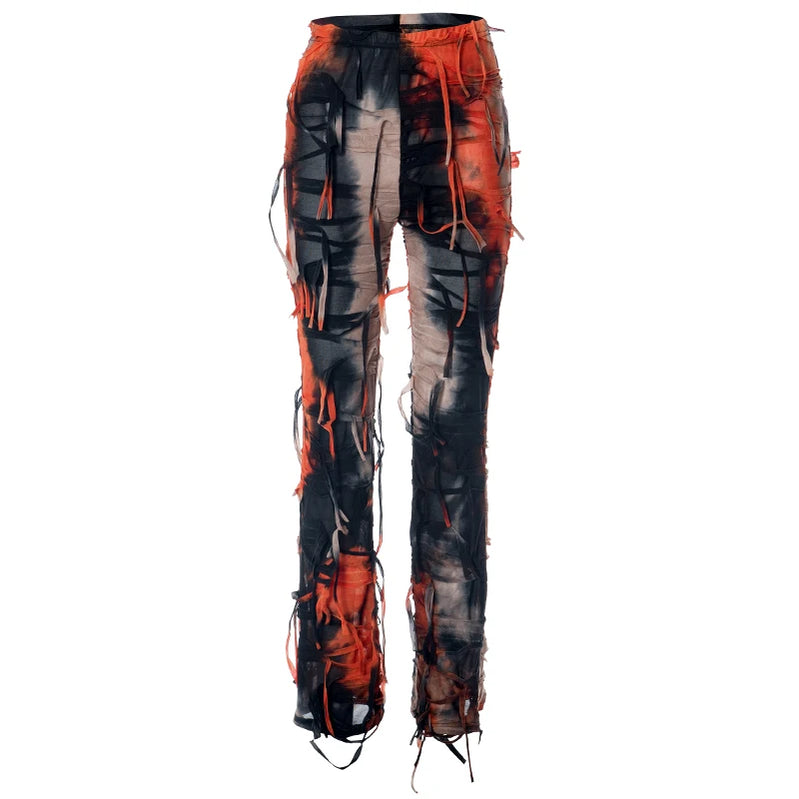 Autumn Tie-Dyed Collision Tassel High Waist Pants Skinny Casual Flared Trousers Women Slim Peculiar Fashion Streetwear Orange