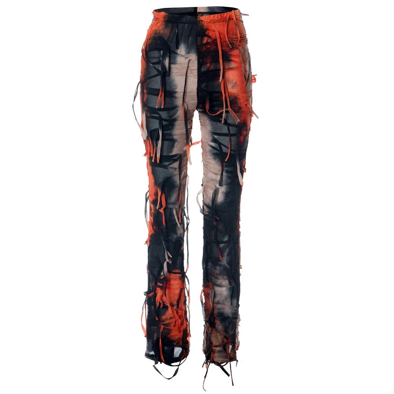 Autumn Tie-Dyed Collision Tassel High Waist Pants Skinny Casual Flared Trousers Women Slim Peculiar Fashion Streetwear Orange