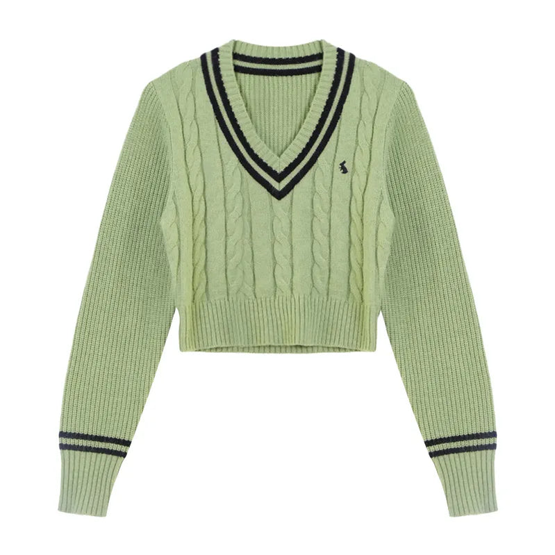 Korean Fashion Sweaters Women Autumn V-neck Y2K Cartoon Embroidery Knitted Tops Winter Soft Basic Long Sleeve Pullovers green One Size