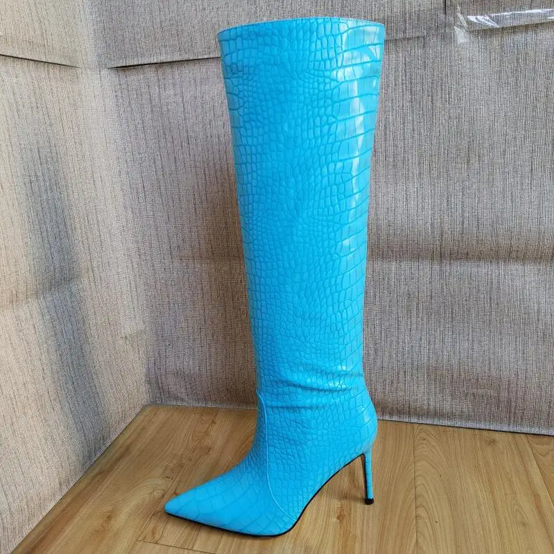 Size 43 Women Sexy Pattern Knee High Boots 2022 Autumn High-heel Pointed Toe Women's Shoes Black