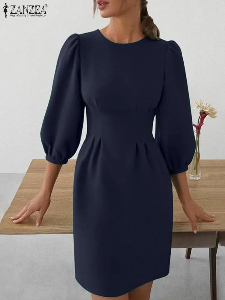 Solid Women Autumn Dress Lantern Sleeve Knee-length Female Vestidos Elegant Evening Robe Fashion Party Sexy Sundress