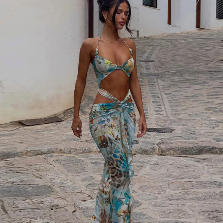 Vintage Green Printed Bikini Ruffles Hem Midi Dress Sexy Cut Out Halter Side Slit Dresses For Women Summer Beach Playwear 2025