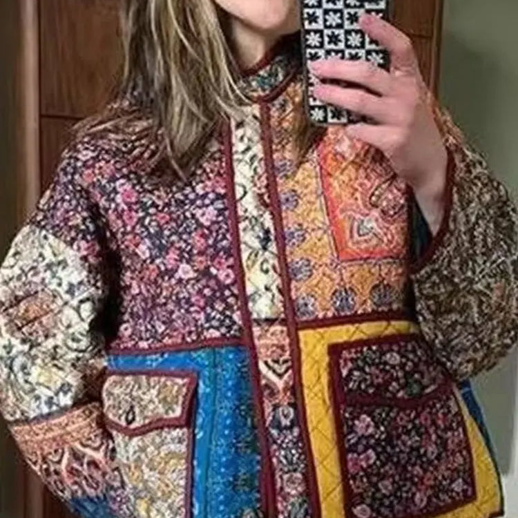 Floral Printed Cotton Jacket For Women Long Sleeve Patchwork Pocket Contrasting Colors Button Ethnic Causal Coat
