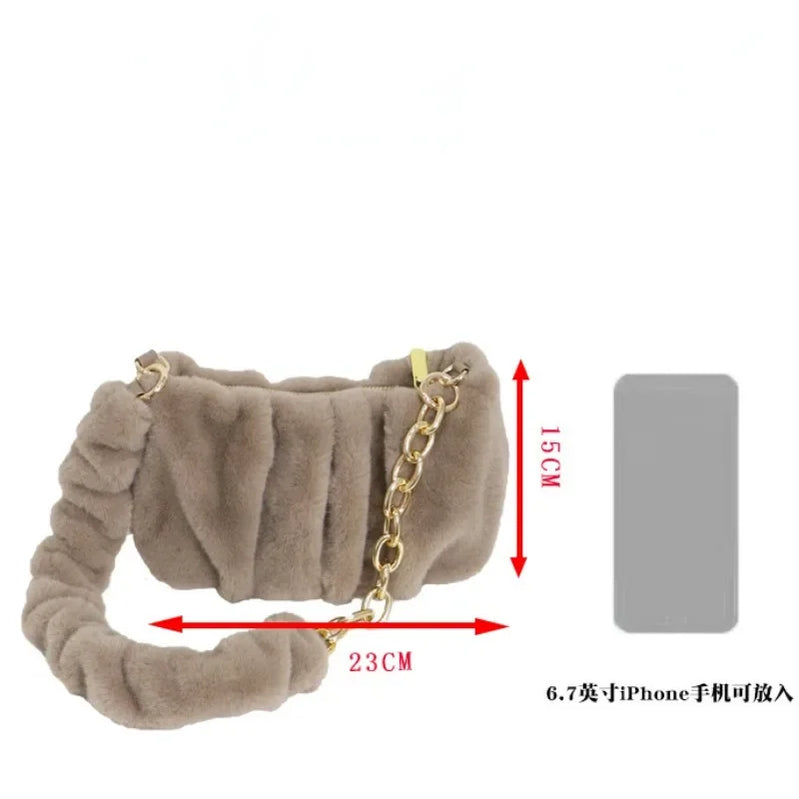 Women Faux Fur Handbags with Metal Chain Lady Ruched Shoulder Bag Armpit Casual Square Hobos Crossbody Winter