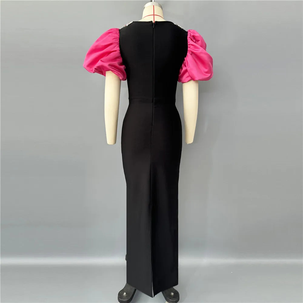 2025 New Fashion Women Sexy Puff Sleeve Square Collar Shinning Crystal Bodycon Long Bandage Dress Celebrate Evening Party Dress