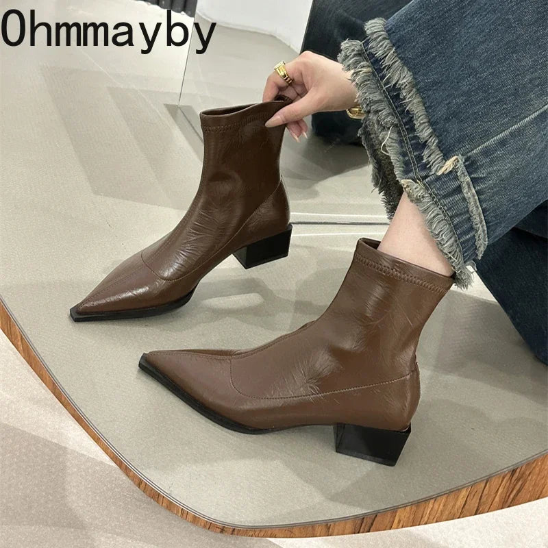 Autumn Women Ankle Boots Shoes Fashion Pointed Toe Ladies Short Boot Square Low Heel Casual Winter Women's Footwear