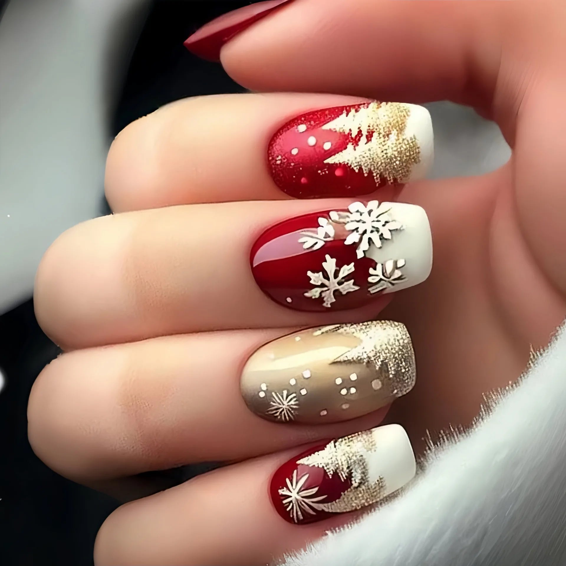 24pcs Short Square False Nails Christmas Snowflake Red Press on Nails Windmill Pattern Fake Nail Tips Reusable Full Cover Nail
