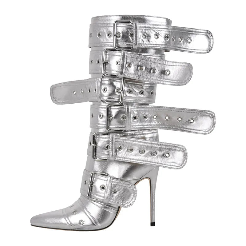 Women Pointed Toe Mid-Calf Boots Buckle Strap Thin High Heel Lady Zipper Female Stiletto Boots CD230841D