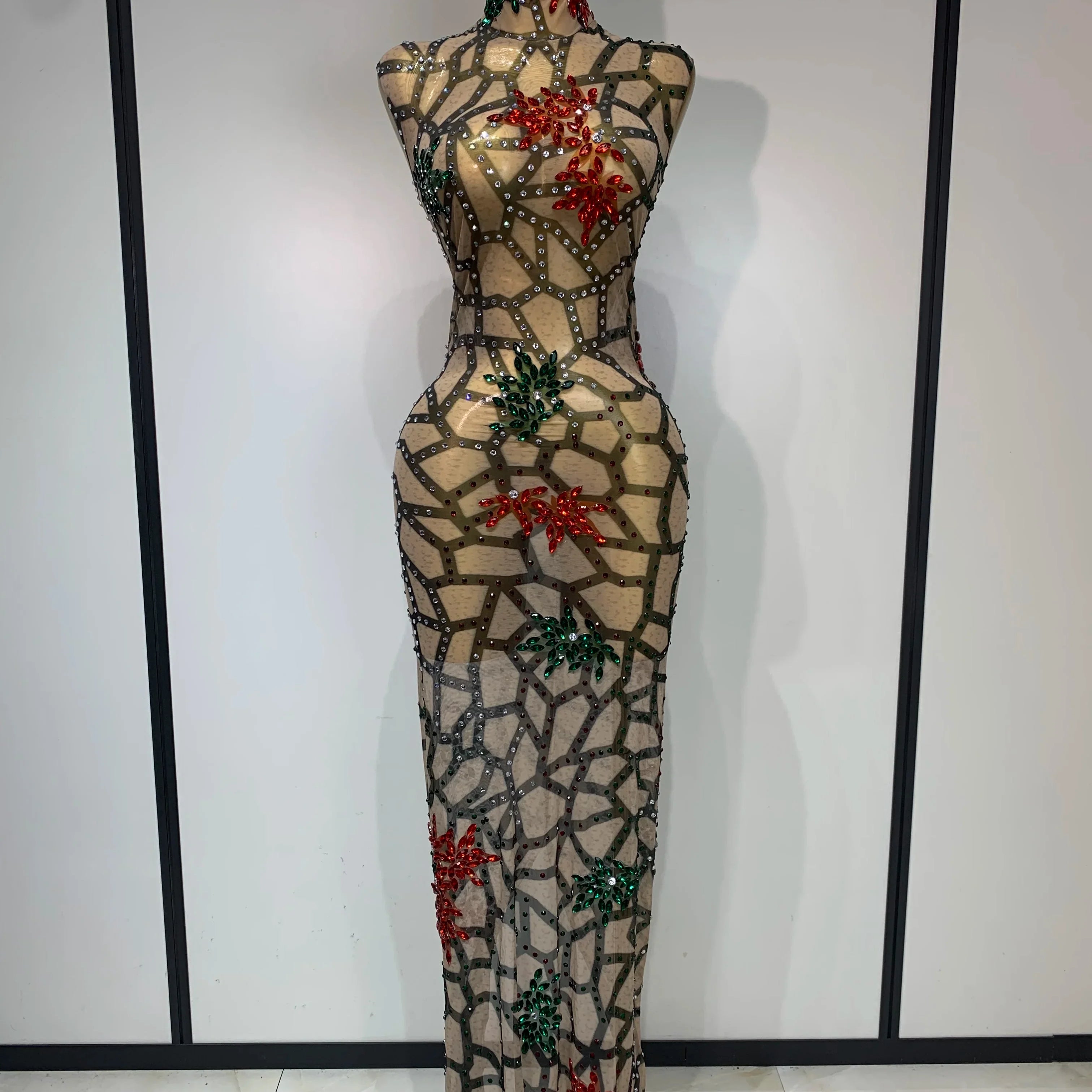 Women Sexy Mesh See Through Sparkly Rhinestone Long Maxi Dress Luxury Birthday Evening Party Prom Gowns Singer Stage Costume