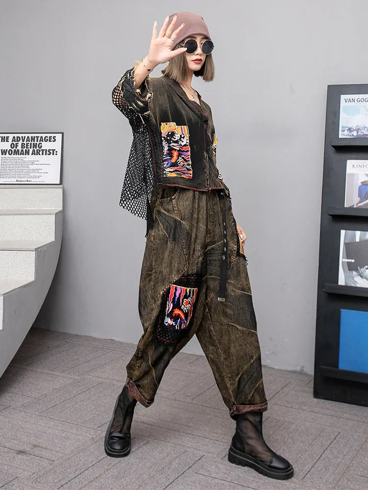 Spring Summer New Embroidered Patchwork Mesh Denim Short Sleeved T-shirt + Harem Pants Two-piece Set Women LX253