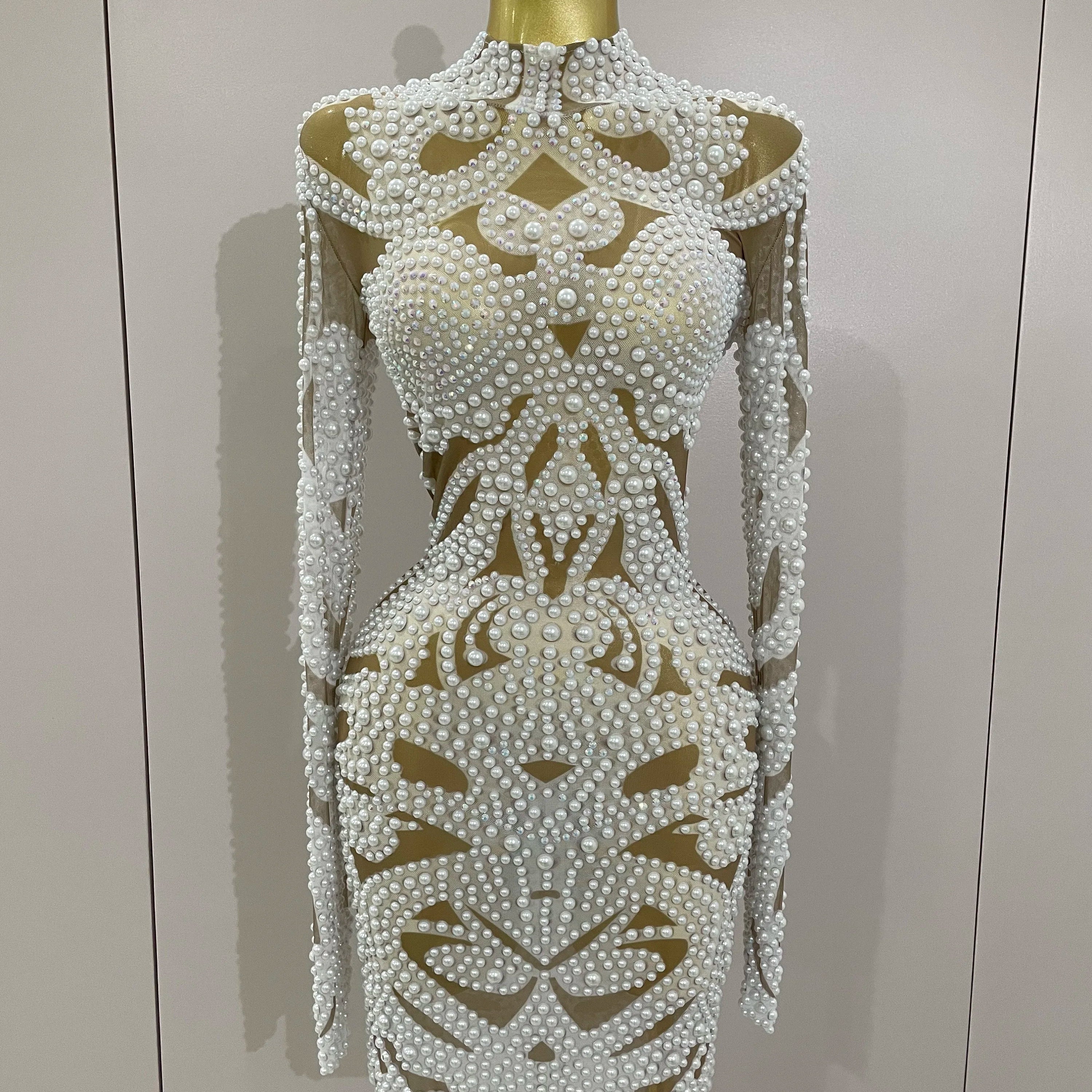 2025 New High-end Elegant Evening Gown AB Rhinestones Pearls Luxury Long Sleeves Mesh Dress Women Cocktail party Wedding Costume