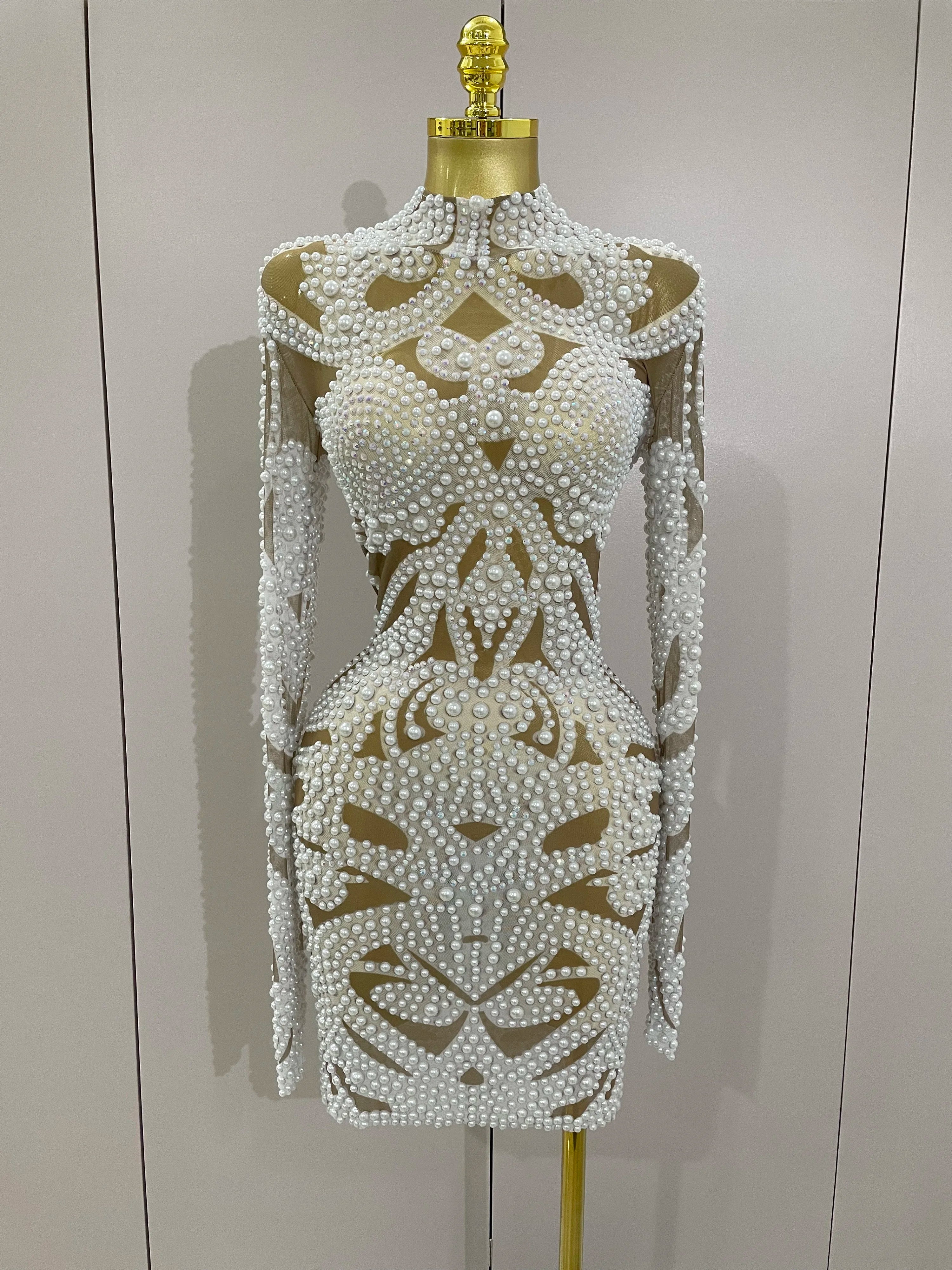 2025 New High-end Elegant Evening Gown AB Rhinestones Pearls Luxury Long Sleeves Mesh Dress Women Cocktail party Wedding Costume