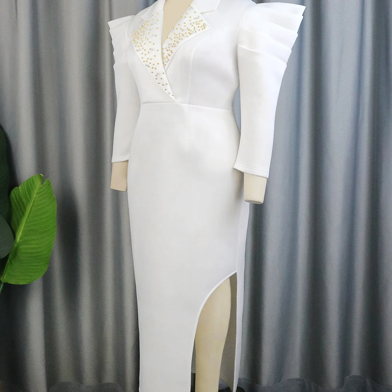 Elegant White Dress Women Small Bead Turndown Collar Fall Winter Slit Slim Long Office Lady Work Wear Vestidos Plus Size