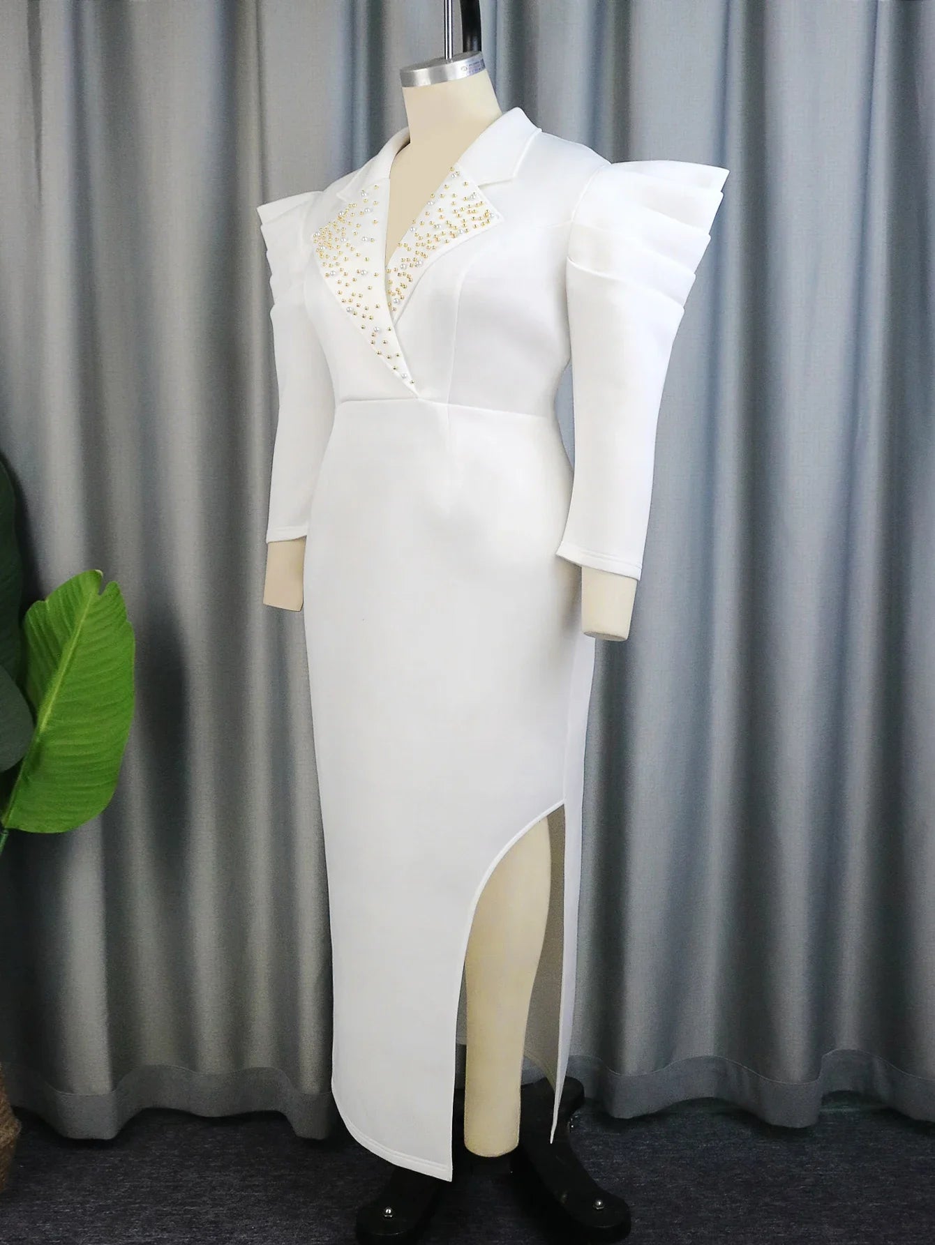 Elegant White Dress Women Small Bead Turndown Collar Fall Winter Slit Slim Long Office Lady Work Wear Vestidos Plus Size